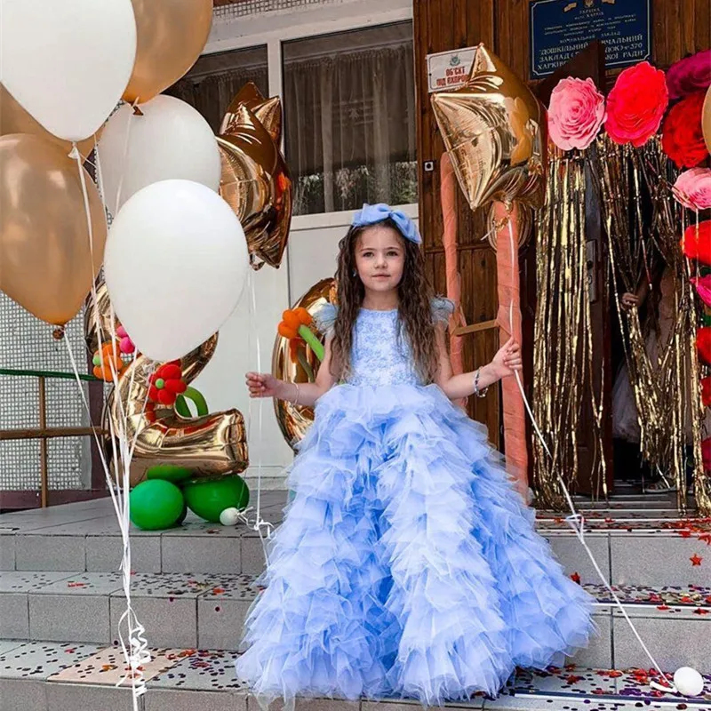 

Formal Sky Blue Tiered Flower Girl Wedding Dresses Lace Tulle Children Birthday Gowns First Kids Communion Pageant Birthday