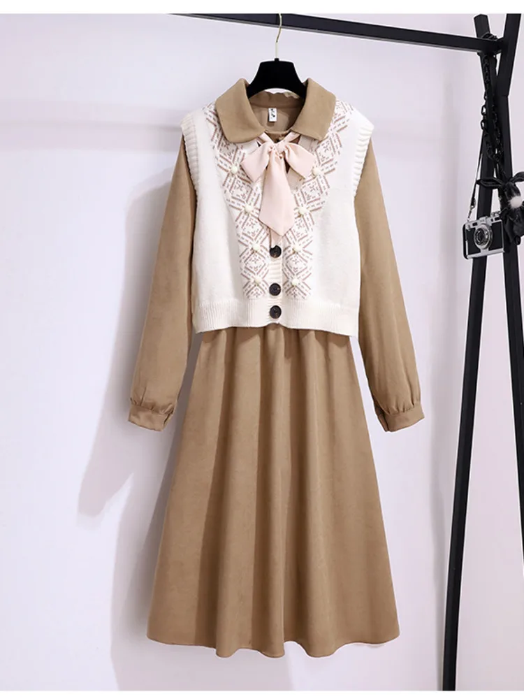 

Fall Winter French Vintage Two Piece Sets Womens Outfit Korean Sweet Knitted Vest+bow Collar Long Sleeve High Waist Dresses Sets