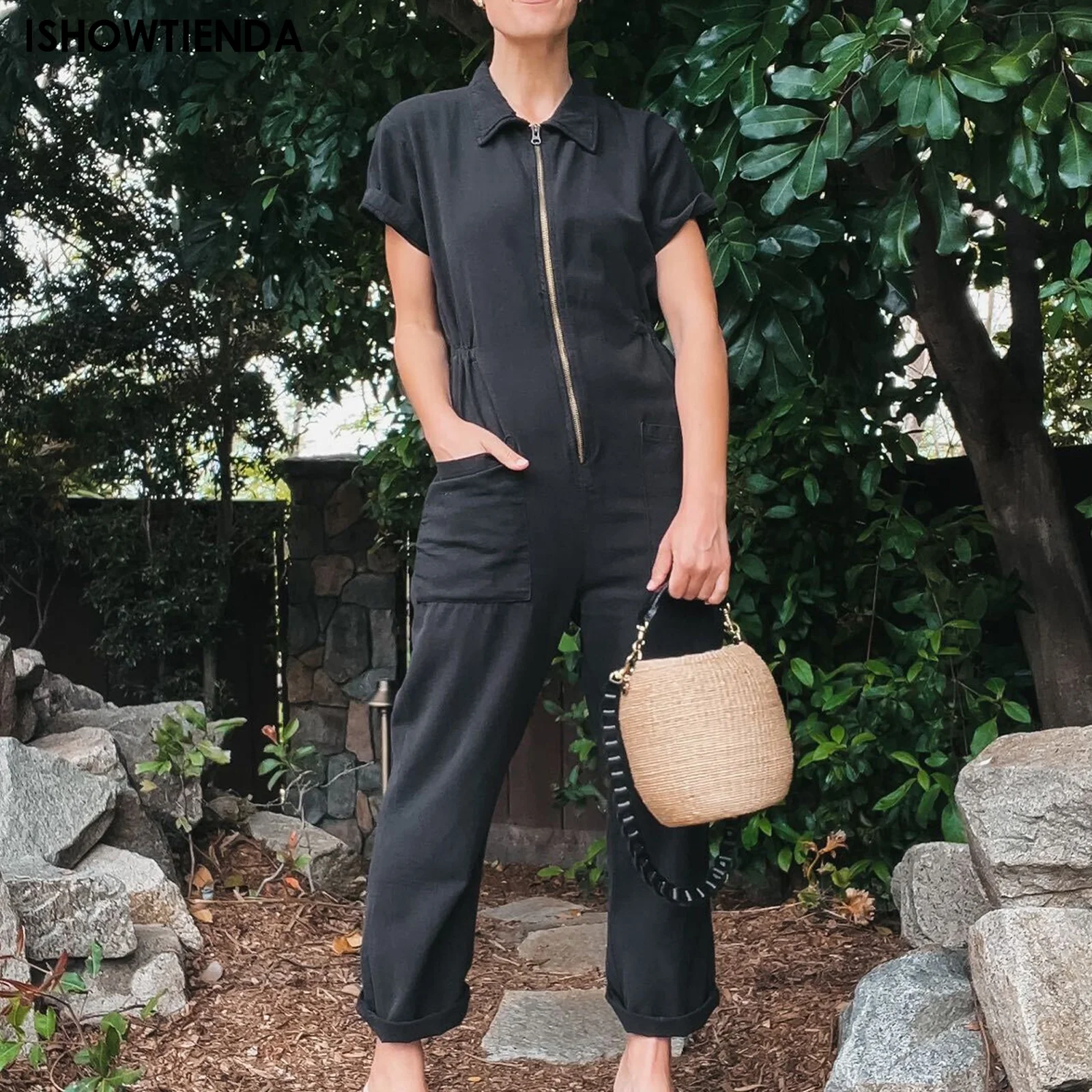 

Summer Fashion Jumpsuit Female Elegant Casual V Neck Short Sleeve Slim Zip Up Jumpsuits Women Solid Color Slim Long Jumpsuit