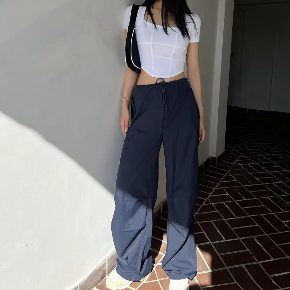 

Women Cargo Pants Drawstring Elastic Waist Lady Low Waist Pants Solid Color Wide Leg Loose Pants Hip Hop Long Trousers