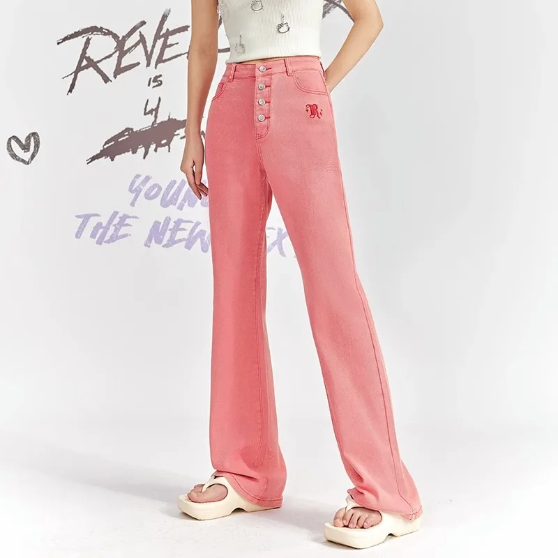 UNIFREE Hotsweet Pink Women's Jeans Letter Embroidery Streetwear Slim Flare Pants Fashion Sexy Washing Jeans Pants