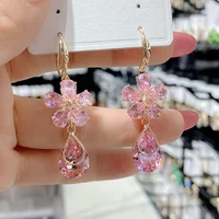 shiny pink crystal flower drop earrings for women korean style beautiful new pendientes wholesale