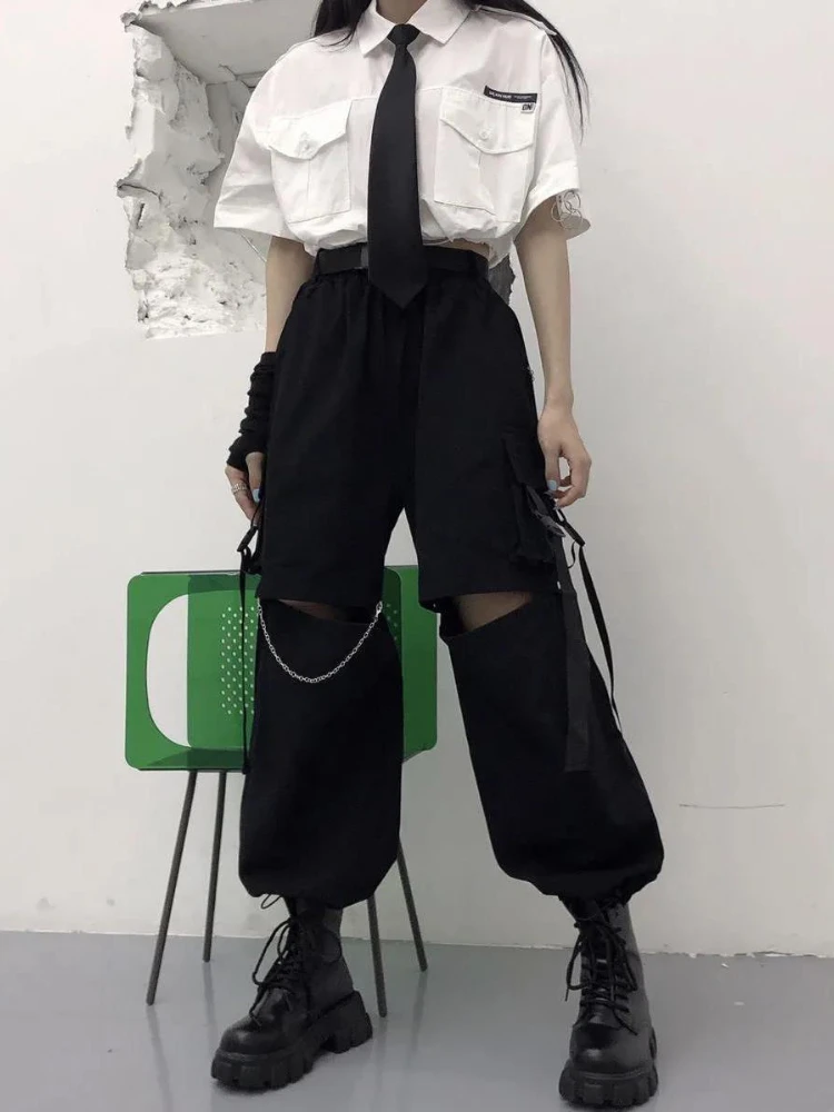 

Streetwear Punk Gothic Cargo Pants Harajuku Solid Hollow Out Chain Draw String Y2k Clothes High Waist Spring Autumn Loose Pants