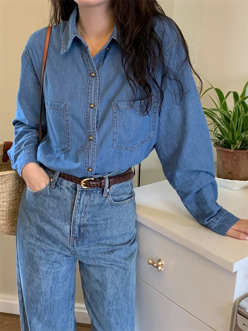 

Alien Kitty Blue Denim Shirts Spring Women New Arrival 2023 All Match OL Stylish Loose Chic Jeanswear Casual Full Sleeve Coats