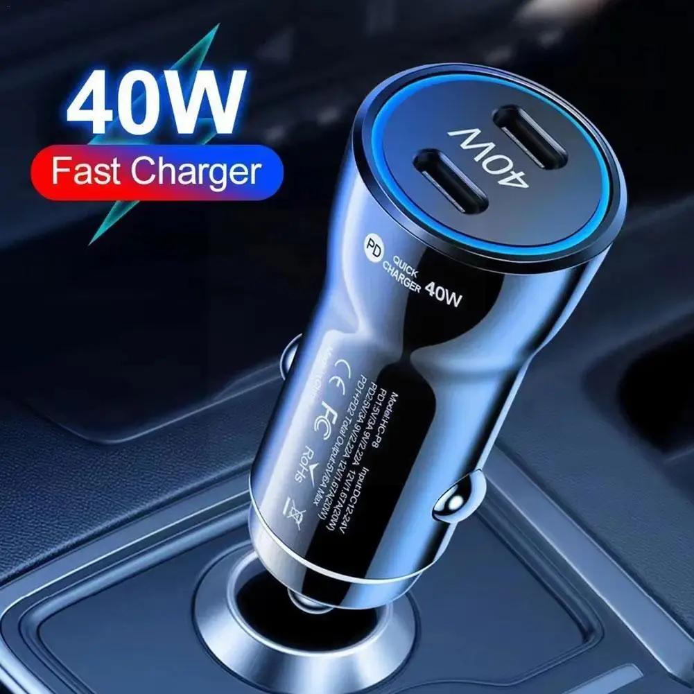 

40W Car Charger Type C Quick Charge 3.0 Dual PD Phone Adapter 5V3A Car Cigarette Lighter For IPhone 14 For Huawei For Xiaom D1J2