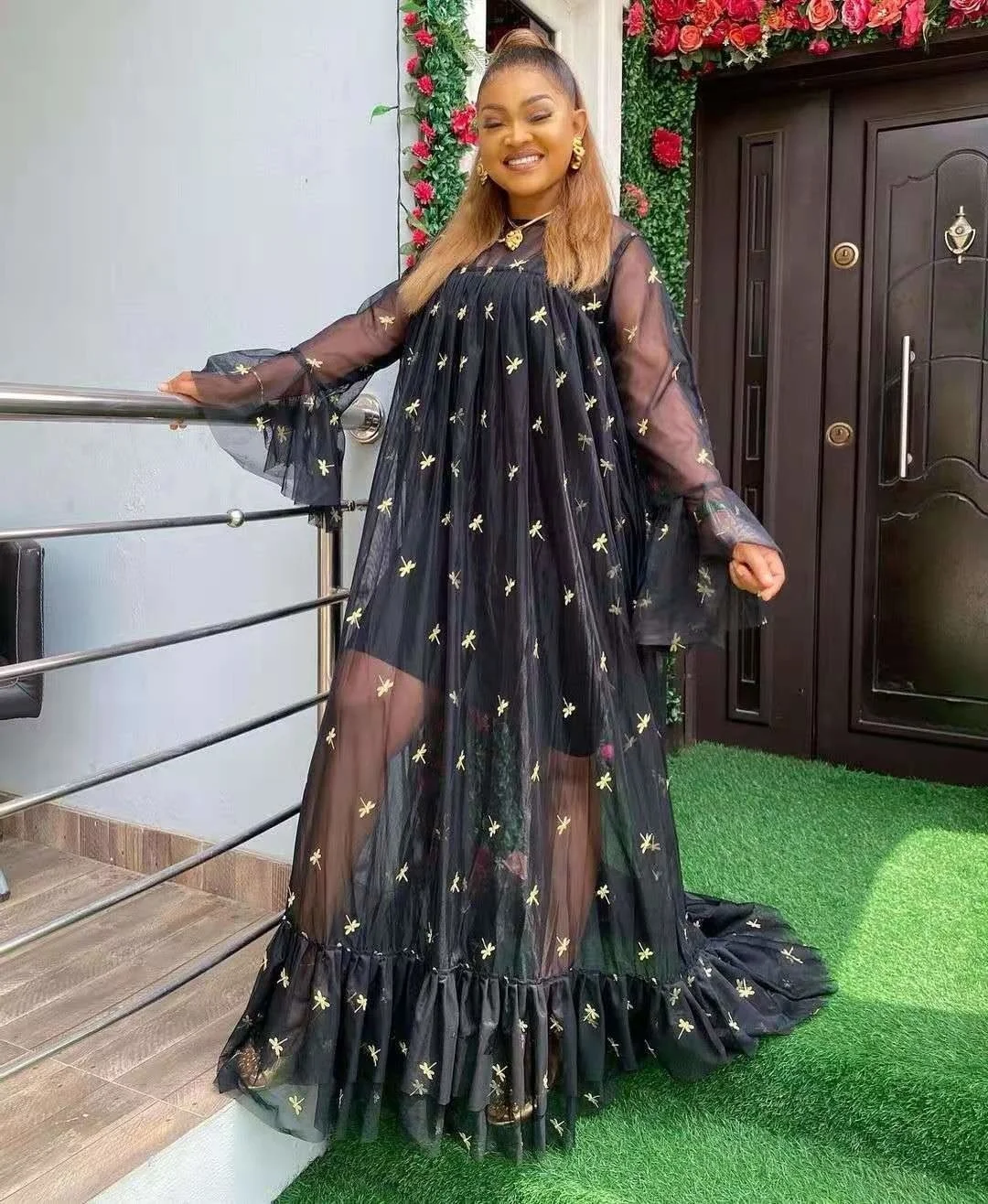 

Women's Dress 2022 New Fashion Big Swing Thick Gauze Embroidered Black Mesh Long Skirt Two Piece Set Casual Female Clothing