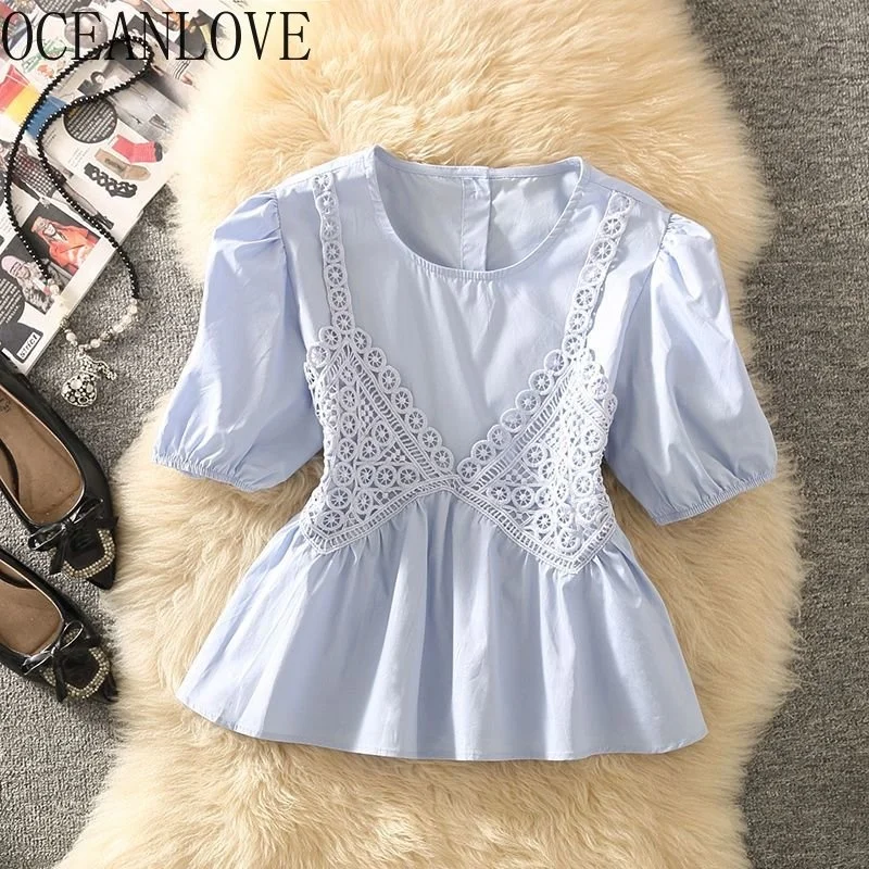 

Summer Women Blouses Solid 2 Pieces Lace Patchwork Blusas Mujer Sweet Korean ashion Short Shirts Elegant