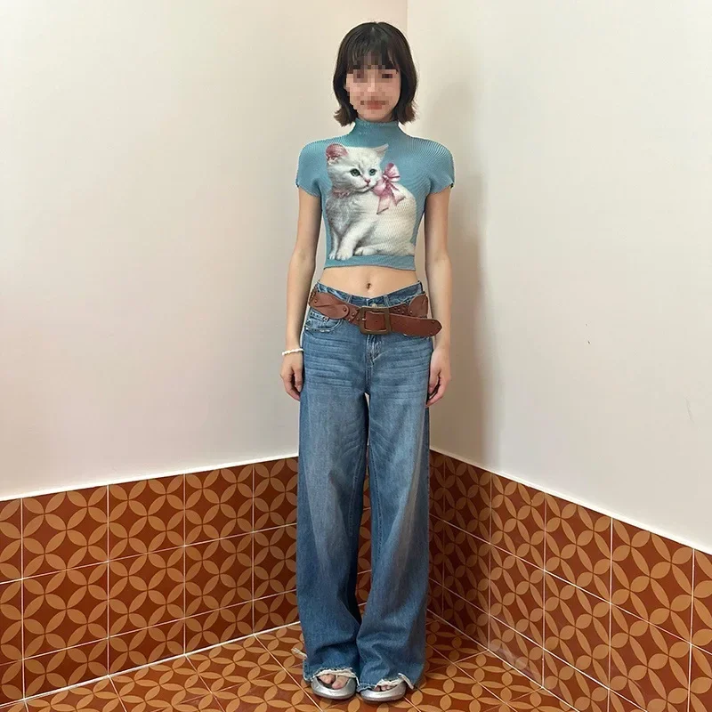 Весна и лето 2024 новая свежая сине-серая рубашка с маленьким белым котом выглядит