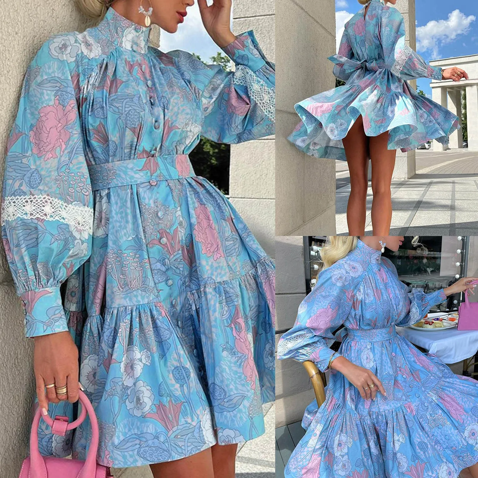 Women's Fashion Temperament Long Sleeved High Necked Printed Dress