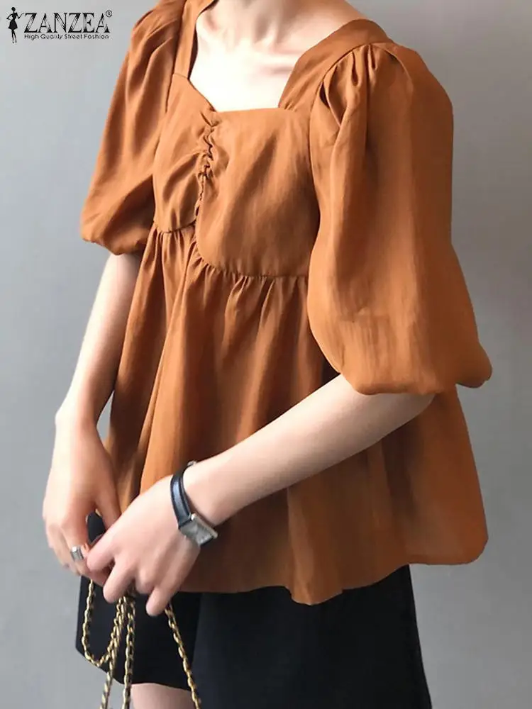 

ZANZEA Korean Summer Ruched Front Tunics Femme Fashion Square Neck Blouses Women Casual Loose Short Puff Sleeve Soild Smock Tops