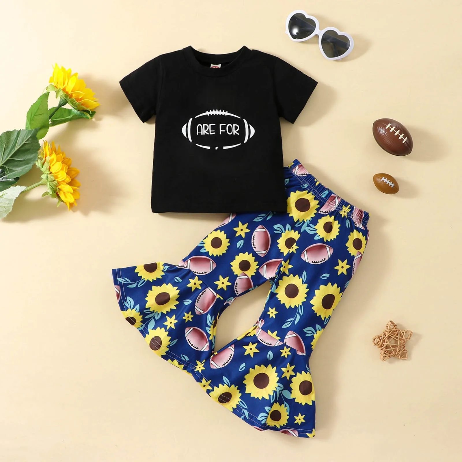 

Детская одежда От 0 до 4 лет, летние комплекты одежды для девочек, футболка с коротким рукавом и буквенным принтом и расклешенные брюки для регби с подсолнухом