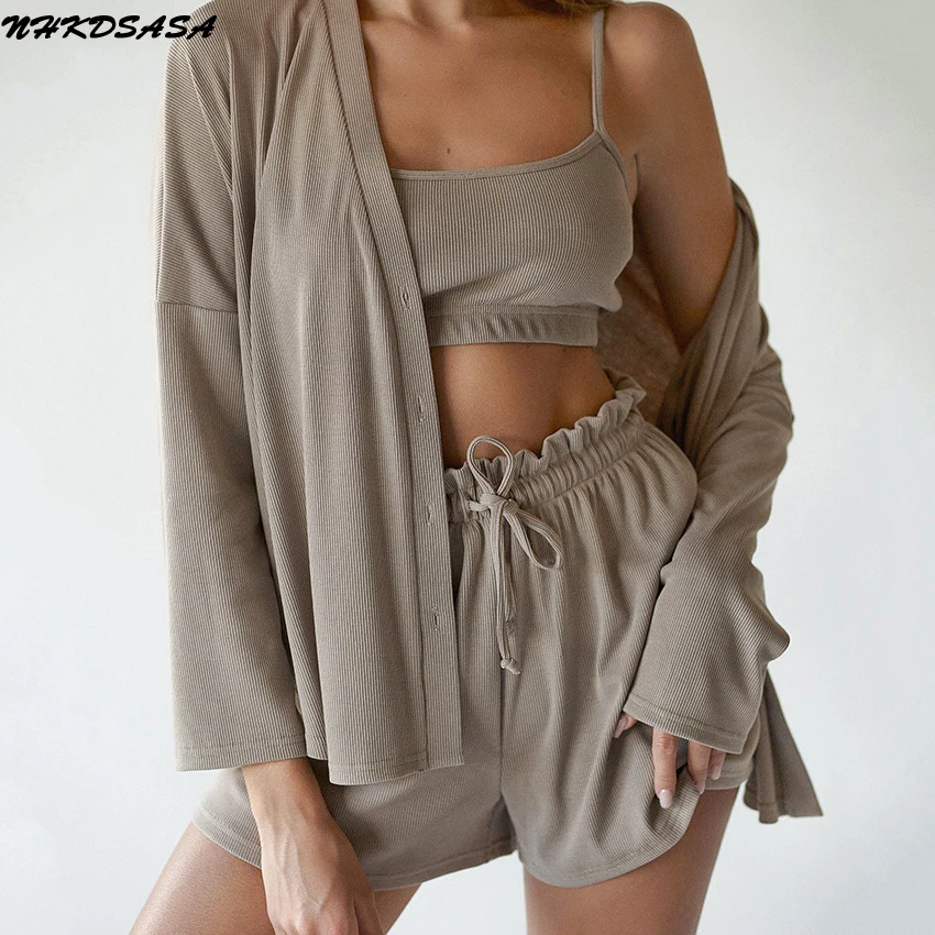 

Пижамный комплект в рубчик, Женский коричневый однобортный домашний костюм из 3 предметов, одежда для сна, женский короткий топ на бретелях-...