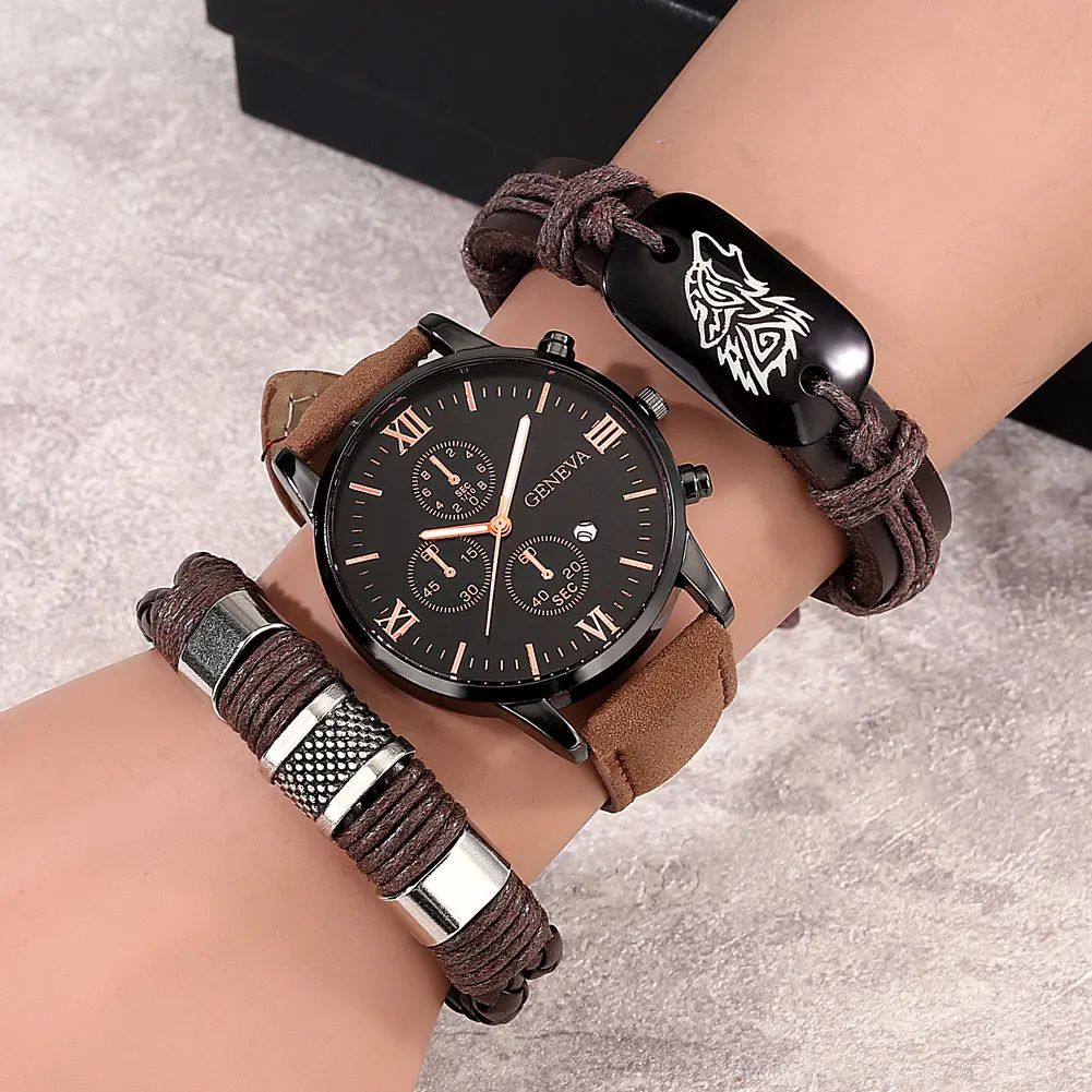 Fashion Casual Quartz Watch for Men Brown Leather Wolf Braided Watch Bracelet Gfit Set for Men Boyfriend Regalos Para Hombre