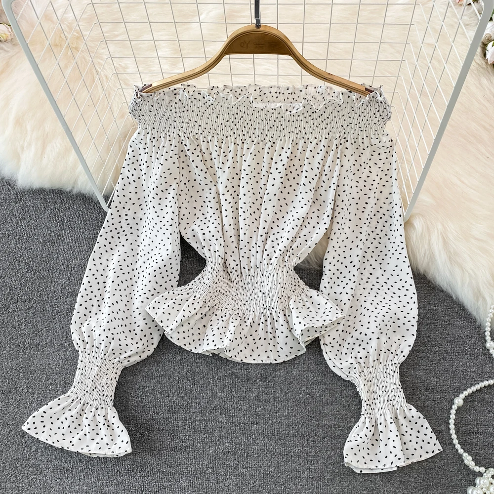 

Spring and autumn vintage temperament shoulder closed waist lotus leaf swing point chiffon shirt women's foreign style top tide