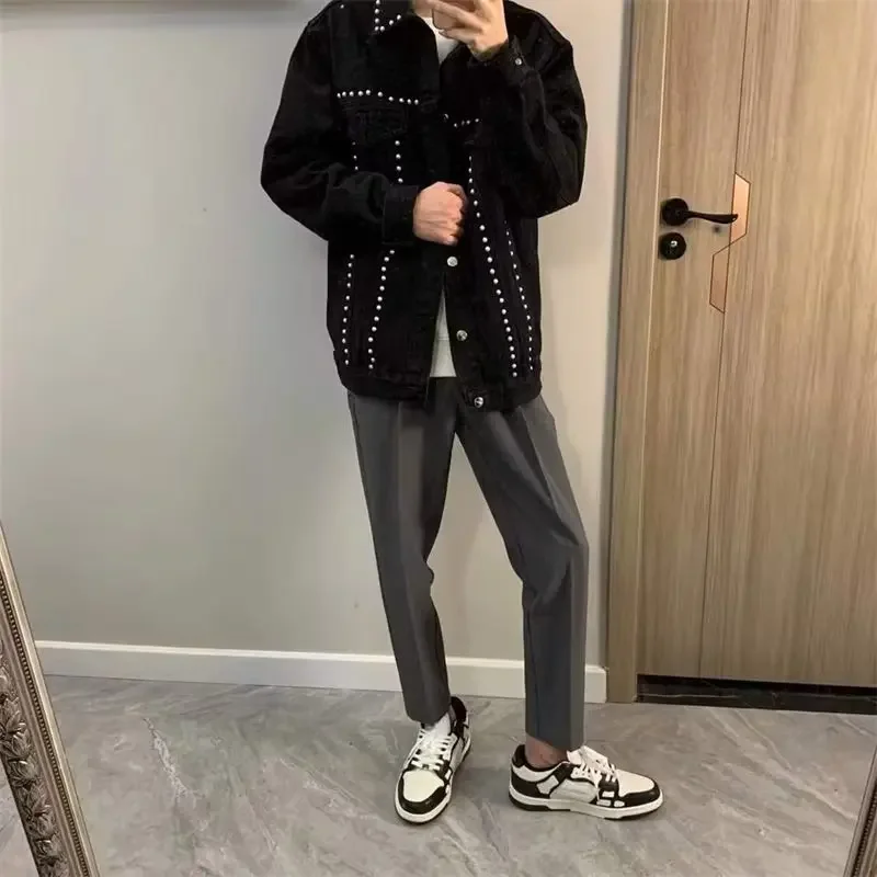 Модная джинсовая куртка в стиле хип-хоп с жемчужными лацканами для мужчин и