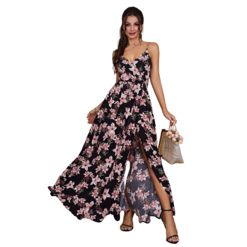 Women'S Romantic Suspender Floral Elegant Long Skirt Printed French Casual Party Dress