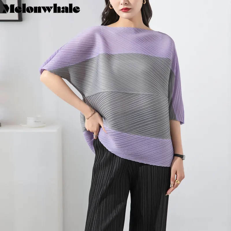 

MelonWhale Patchwork Asymmetrical Pleated T-shirt for Women Round Neck Short Sleeves Translucent Thin Tops Casual 2023 Summer
