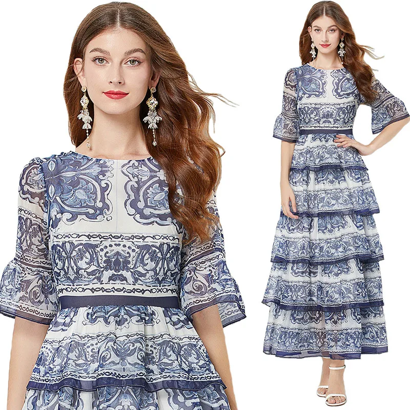 Новинка 2023 года летнее женское великолепное сине-белое шифоновое платье макси с