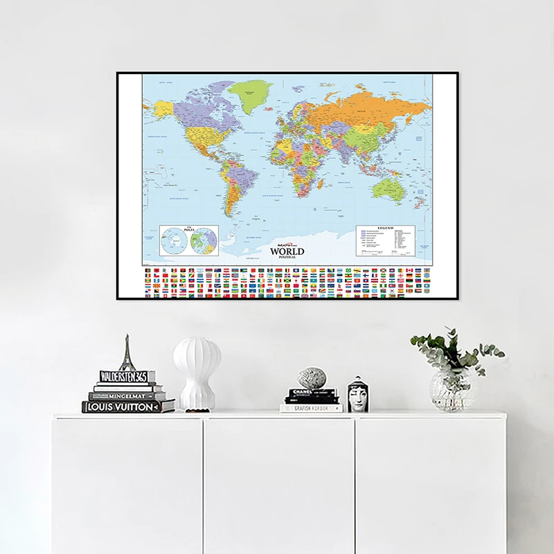 

A2 Size World Map with Flags of Various Countries Fine Canvas Waterproof Wall Map School Office Classroom Wall Decoration