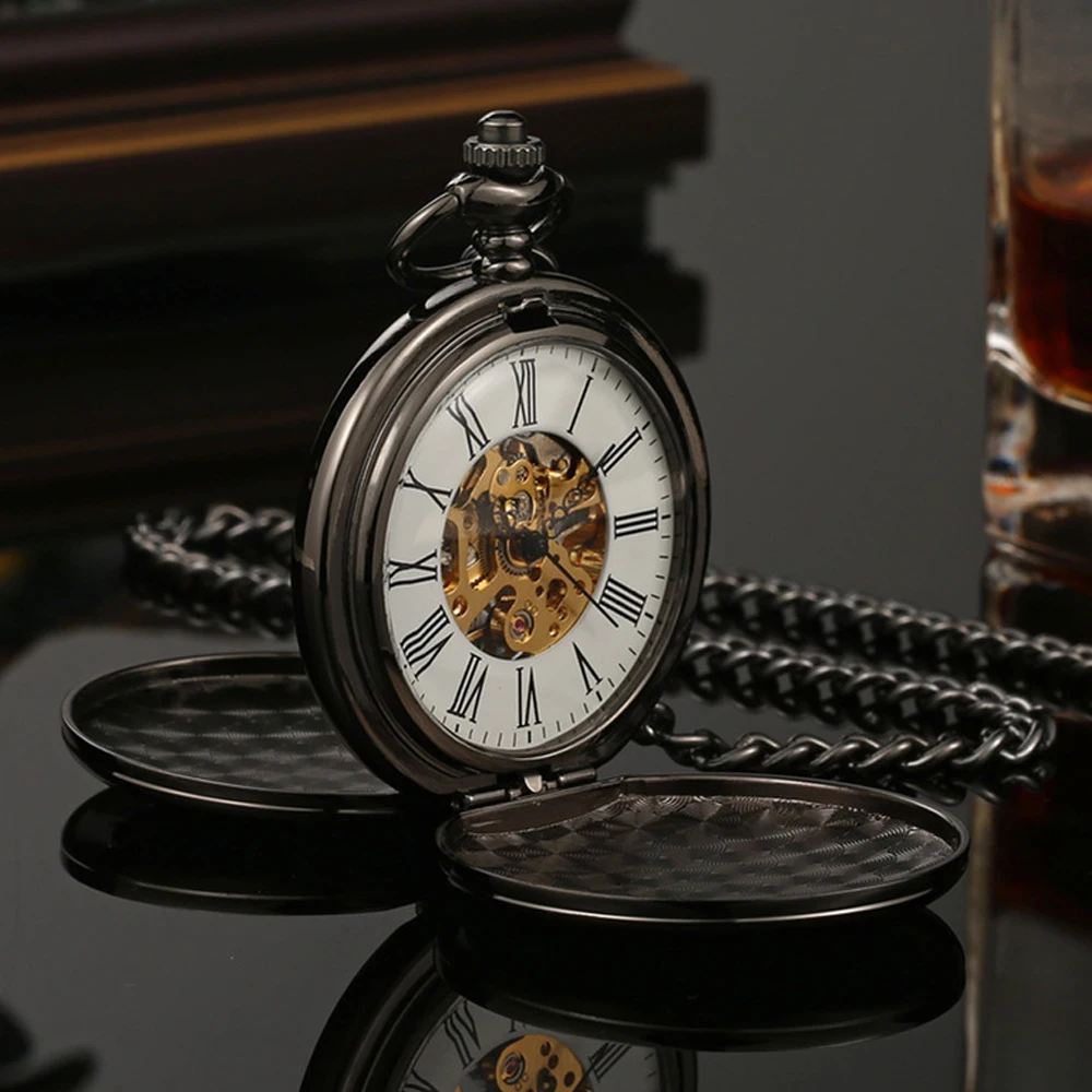 Luxury Dual Open Case Vintage Gold Mechanical Pocket Watch for Men Women Skeleton Dial Roman Numeral Man Fob Chain Pendant Clock
