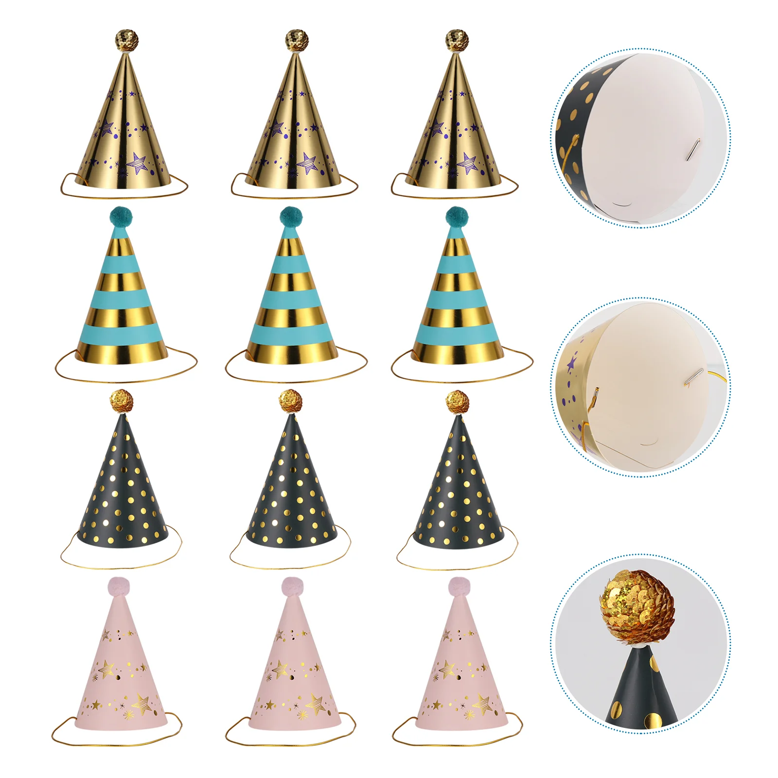 

12pcs Children Adults Birthday Party Gilding Paper Hats Pointed Birthday Caps
