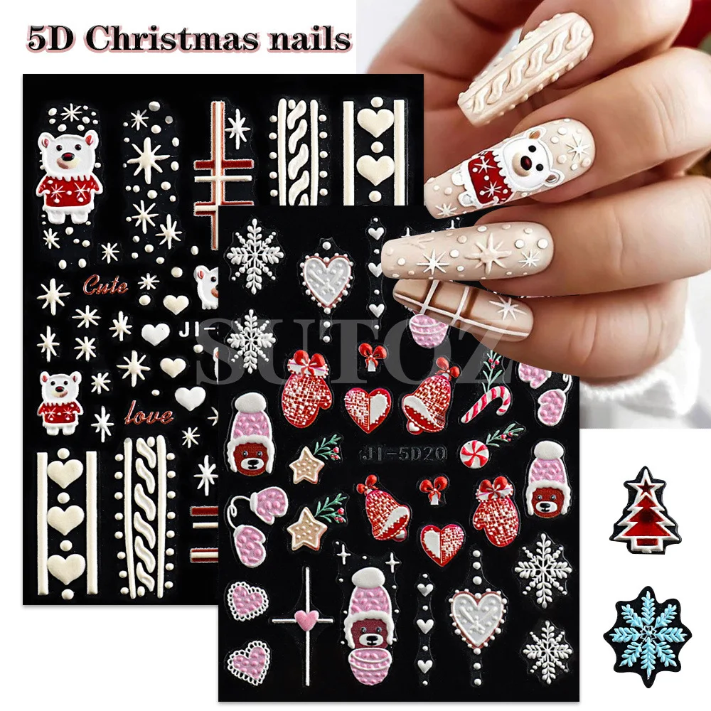 

5D Embossed Christmas Nail Art Stickers Winter New Year Red Santa Claus Tree Penguins Snowman Sliders Decals Manicure