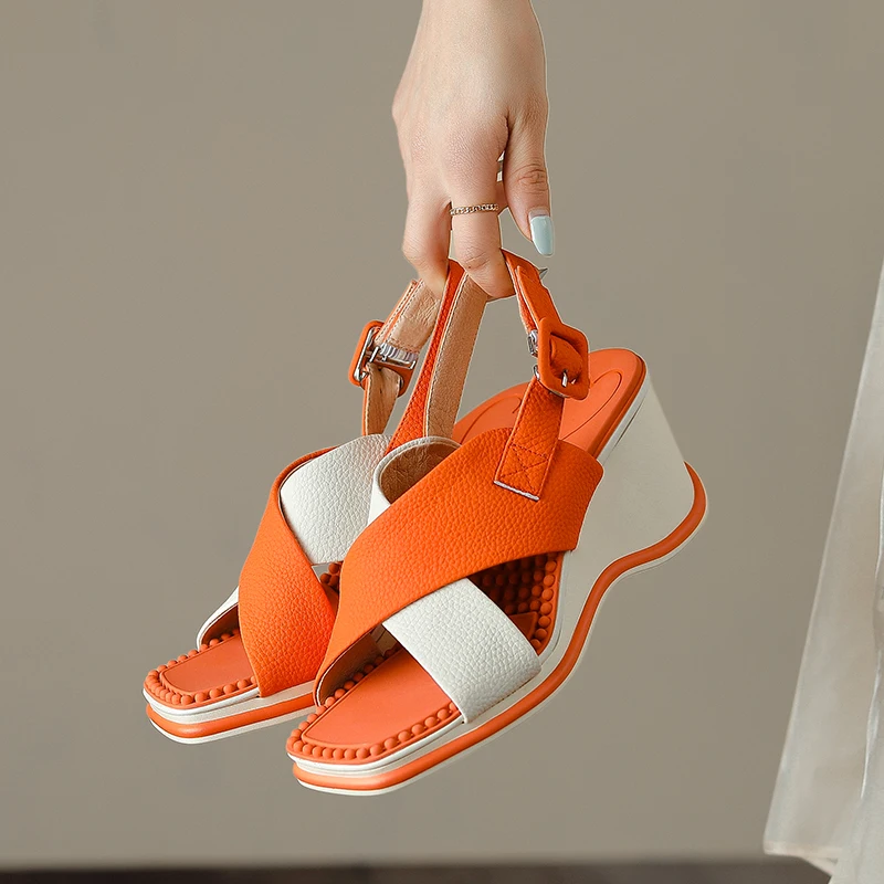 

2022 summer Women's sandals natural leather 22-24.5cm cowhide upper Wedge Heel Crossover Tab Colorblock back strap toe sandals
