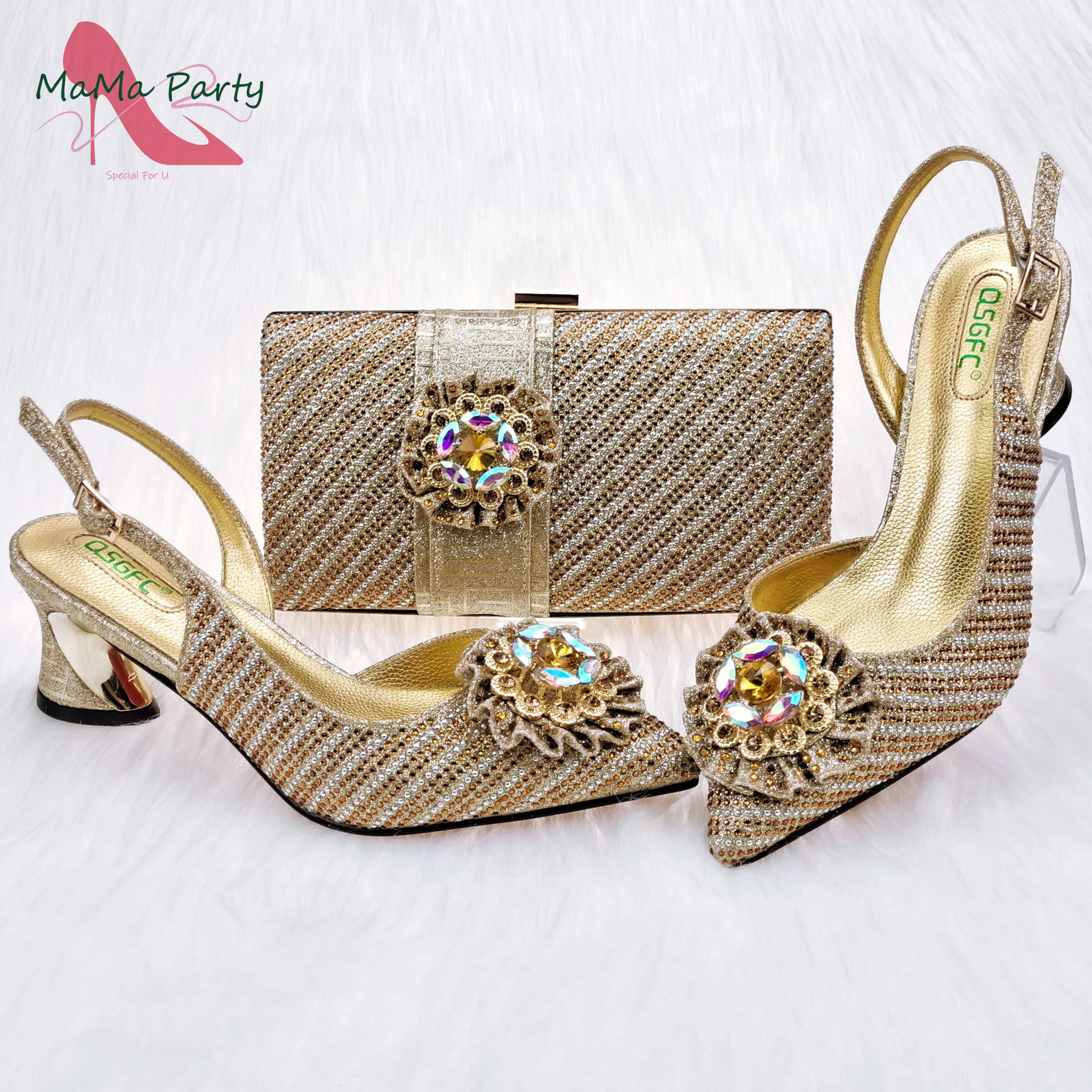 

Golden Color High Quality Slingbacks High Heels with Shinning Crystal Sexy Women Shoes and Bag to Match for Wedding Party