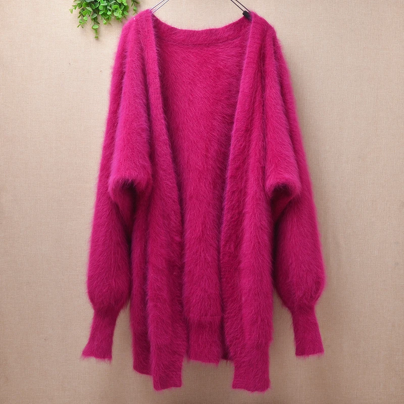 

female women autumn winter clothing pull rose hairy mink cashmere knitted long batwing sleeve loose cardigan mantle coat sweater