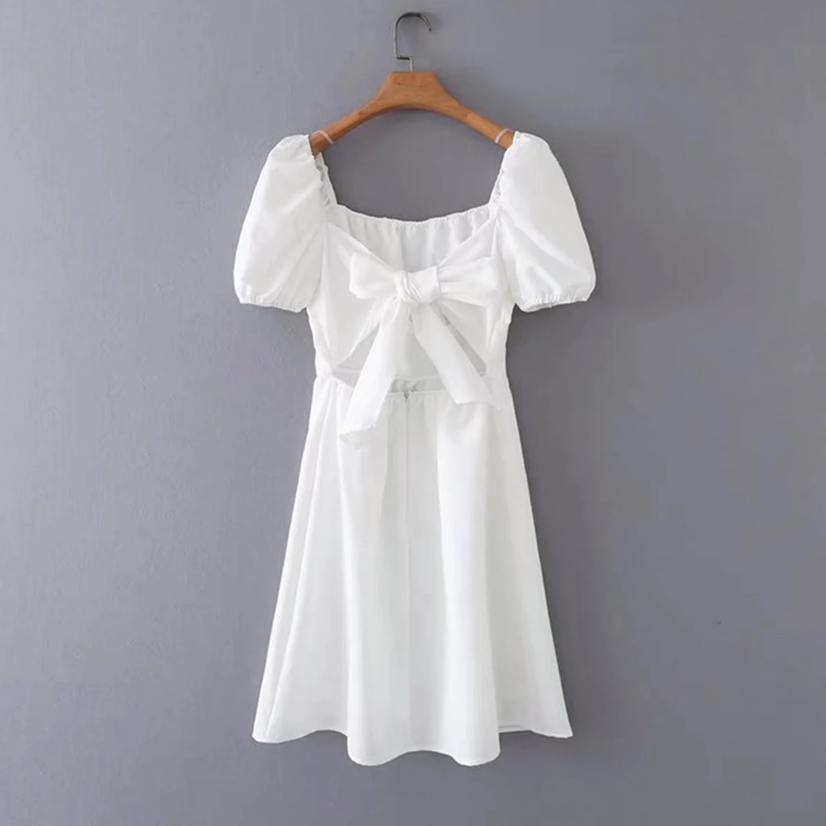 

Jastie Summer White Mini Dress Women Square Collar Puff Sleeve Halter Bow Tie Vestidos Casual Holiday Beach Dresses 2022