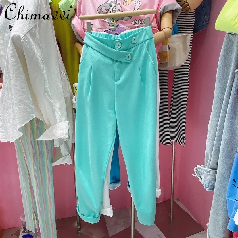 

Casual Solid Color Buttons Long Pants for Women Spring High Elastic Waist Loose Pants Irregular Wide-Leg Harem Trousers