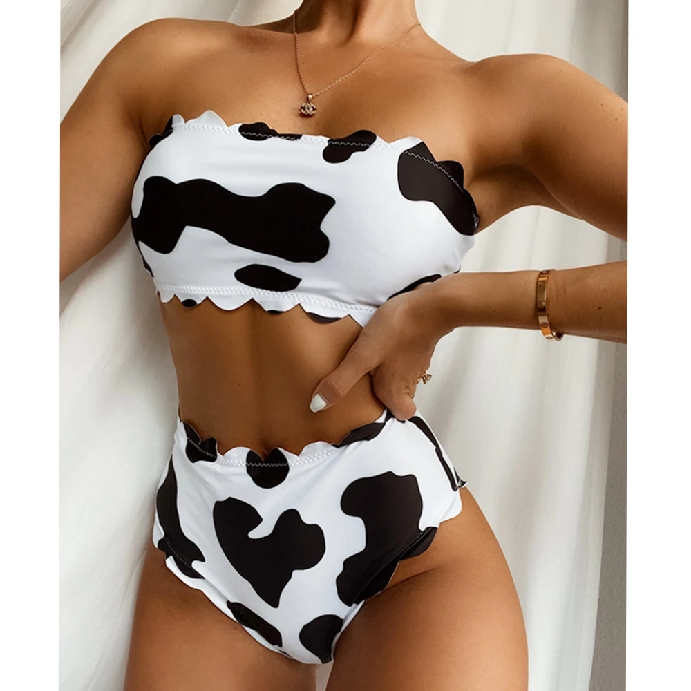 

2023 Summer Europe And America New Wrapped Chest Bikini Cow Print High Waist Swimwear