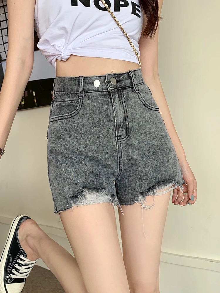 New Summer Women Hole Frayed Retro Denim Shorts Streetwear Female High Waist Button Wide Leg Jeans Shorts Bottoms