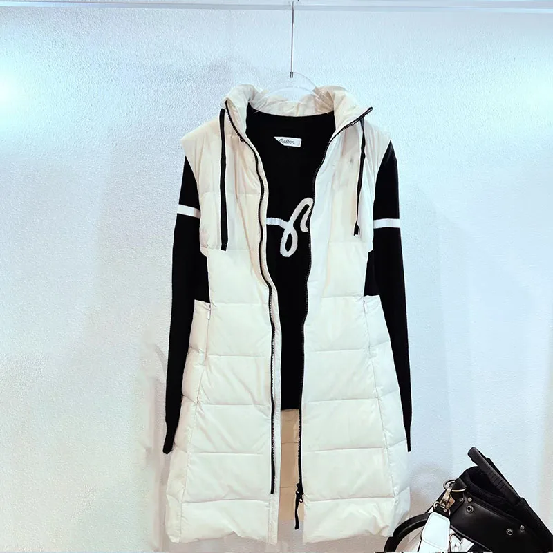 

Golf Women's Autumn and Winter New Down Long Vest Thickened Warm Filled White Duck Down Back Knit Waist