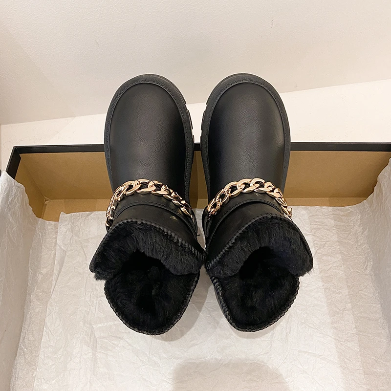 Non-Slip Snow Boots Women Shoes Woman Martin Boots Platform Metal Chain Warm Velvet Short Lattice Luxury Designer Beige Black