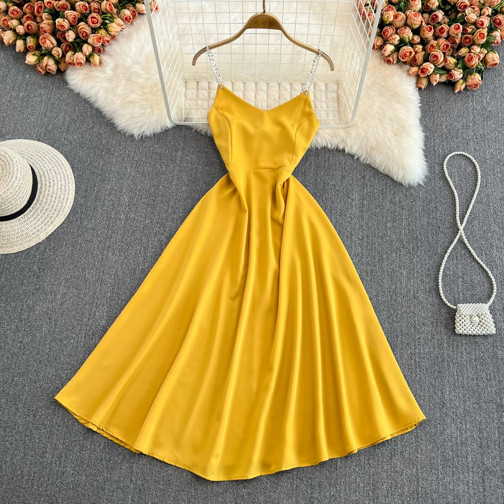 

2022 Summer Fashion Super Fairy Lady Temperament V-neck Open Back Suspender Dress Elegant Sleeveless Long Dress