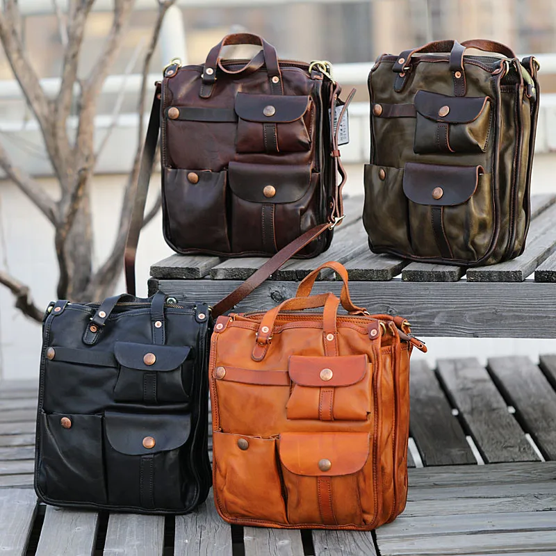 Vintage luxury genuine leather men multi-pocket handbag outdoor travel designer high quality real cowhide work shoulder bag