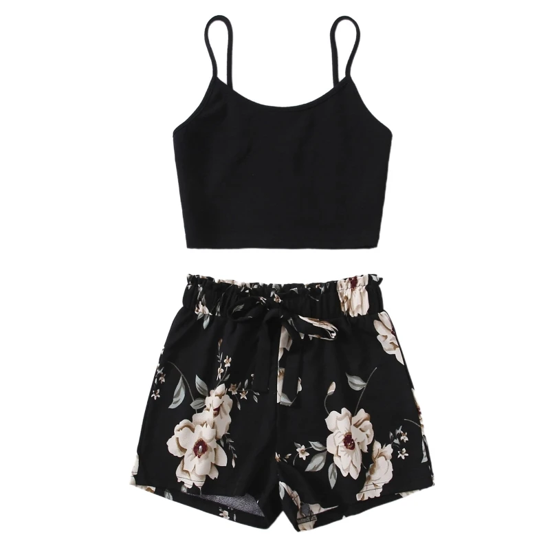 

Women Summer 2 Piece Outfits Set Spaghetti Strap Cami Crop Top and Tie Waist Bandage Floral Print Wide Leg Shorts Casual Street