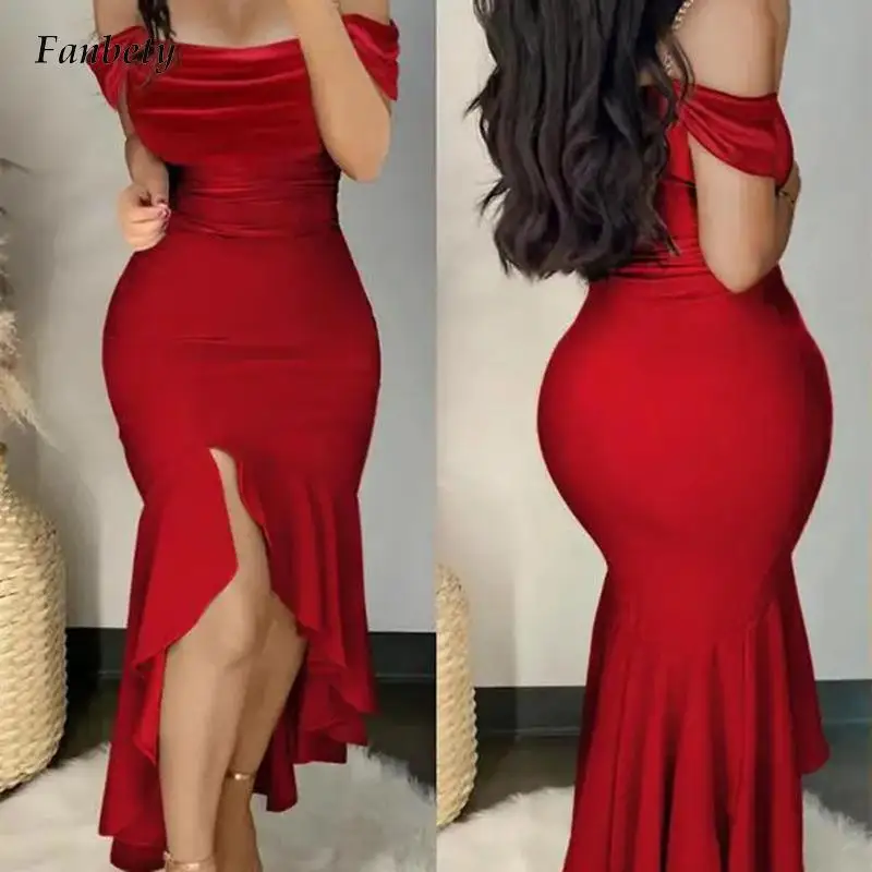 

Соблазнительное однотонное платье-годе с открытыми плечами, женское элегантное асимметривечерние вечернее платье с оборками, офисное модн...