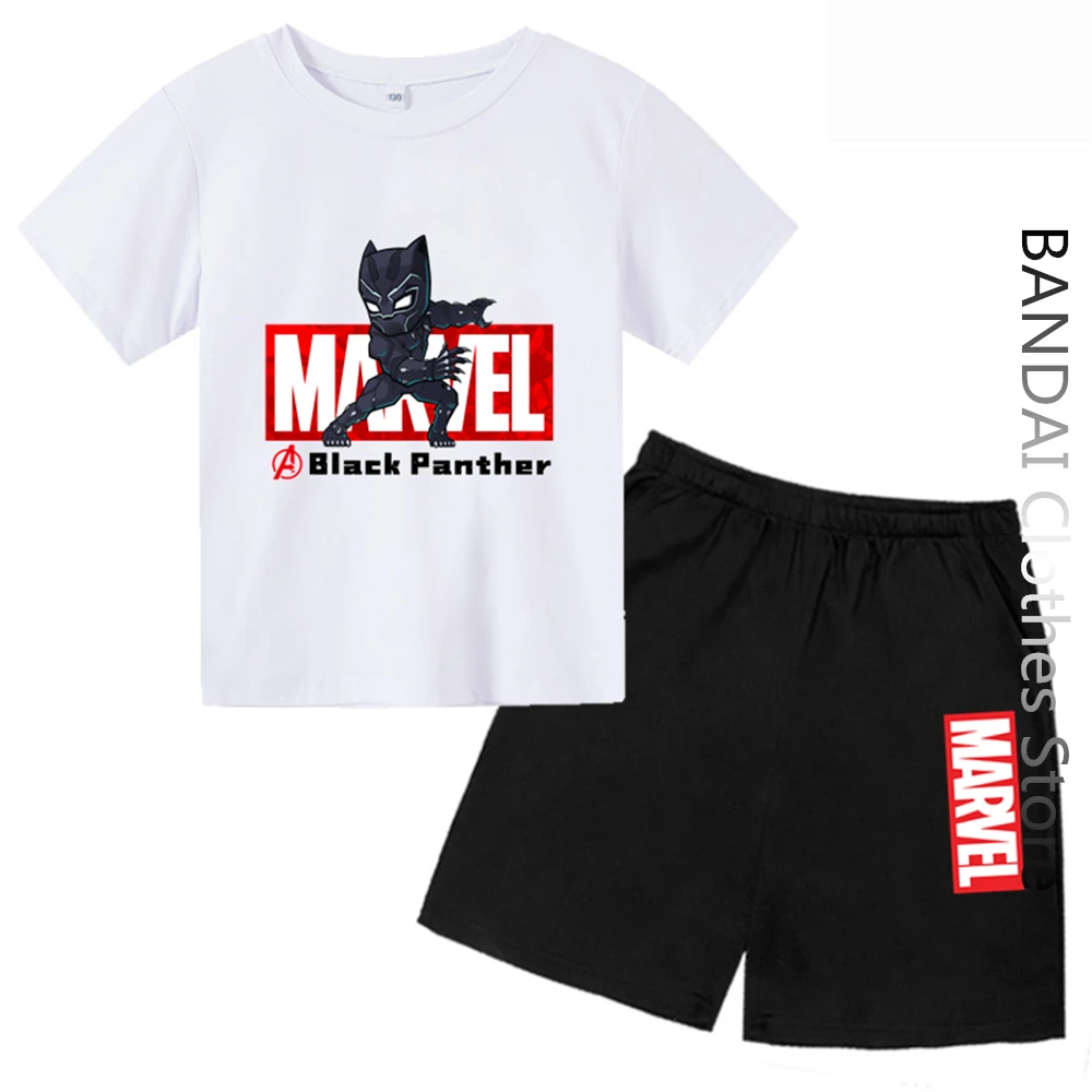 

Disney Marvel Superhero Avengers Black panther Tshirt Kids Set Summer Baby Boy Clothes Girls Tops Men Women Tees Miniso Sanrio