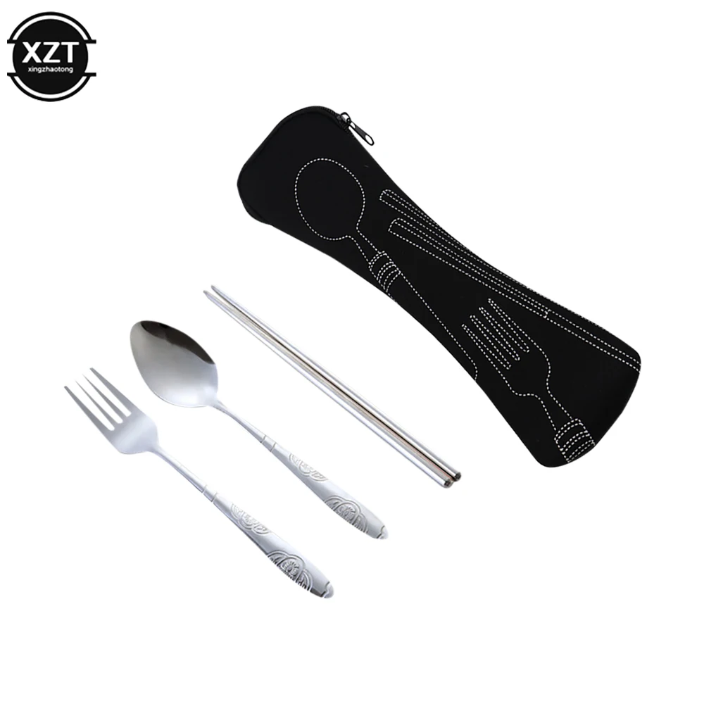 

3PC/Set Dinnerware & Bag Portable Stainless Steel Spoon Fork Chopsticks Set Travel Camping Cutlery Tableware Kitchen Accessories