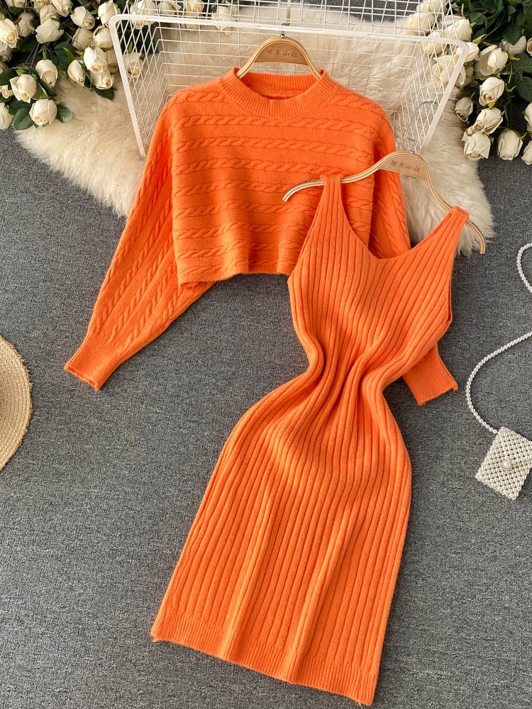 

Autumn Winter Women Knitted Two Piece Set Elegant O-Neck Long Sleeve Short Pullover Tops + Spaghetti Strap Mini Dress Suit New