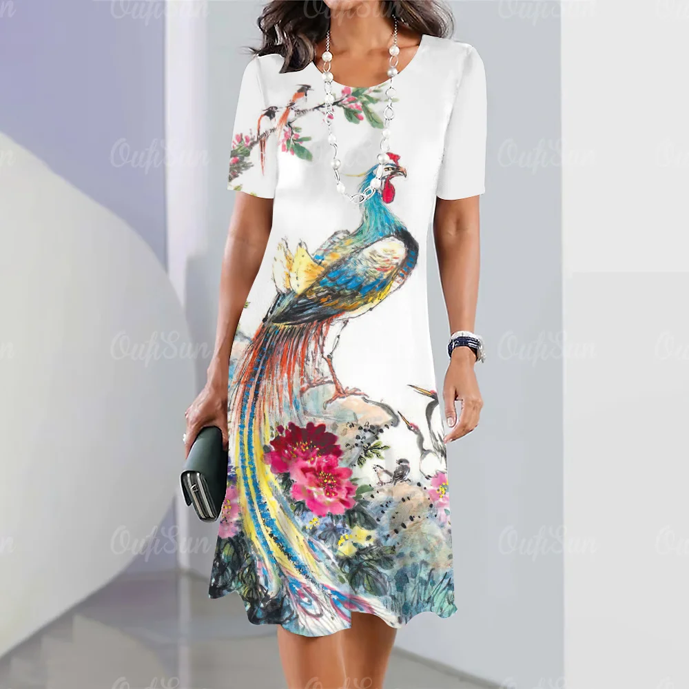 

Womens Dresses Summer Elegant Loose A-Line Skirt 3d Peacocks Print Short Sleeve Fashion Clothing 2023 Vacation Dress For Women