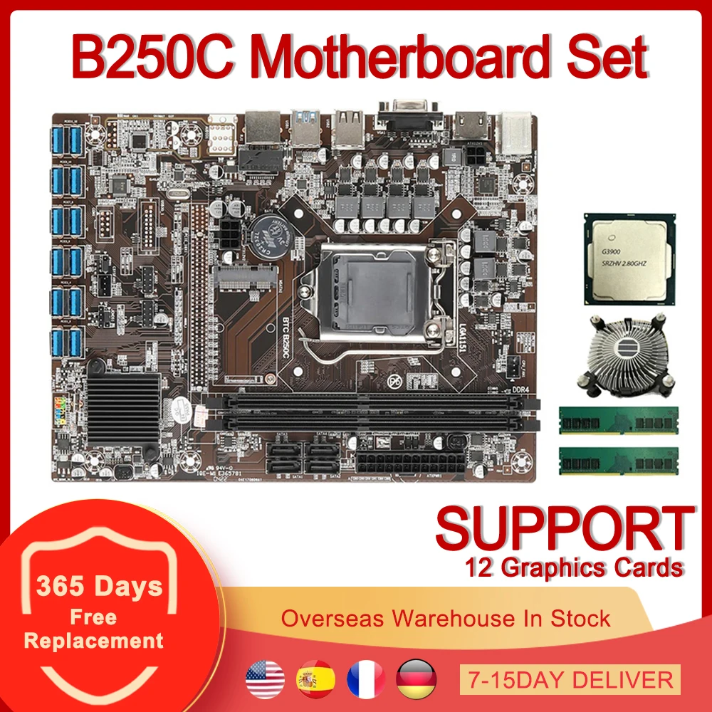 B250C Mining Motherboard Set Combo USB3.0 PCIE X16 LGA 1151 DDR4 G3900 CPU 128G SSD Support 12 Graphics Cards BTC ETH Miner