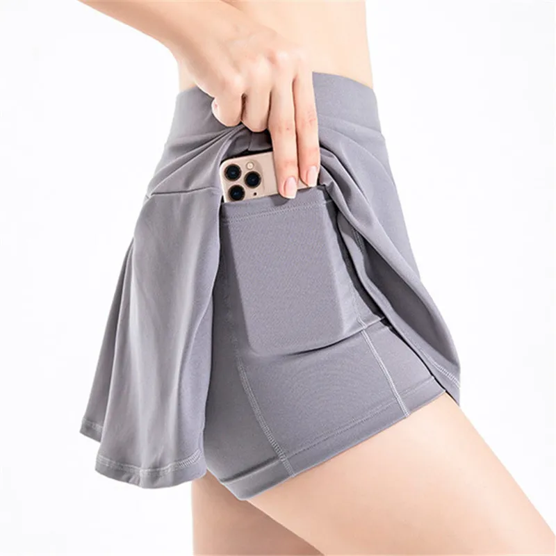 Women Tennis Skirts Set Solid Female Golf Volleyball Fitness Shorts Exercise Athletic Running Gym Sport Skorts Pocket Mini Skirt
