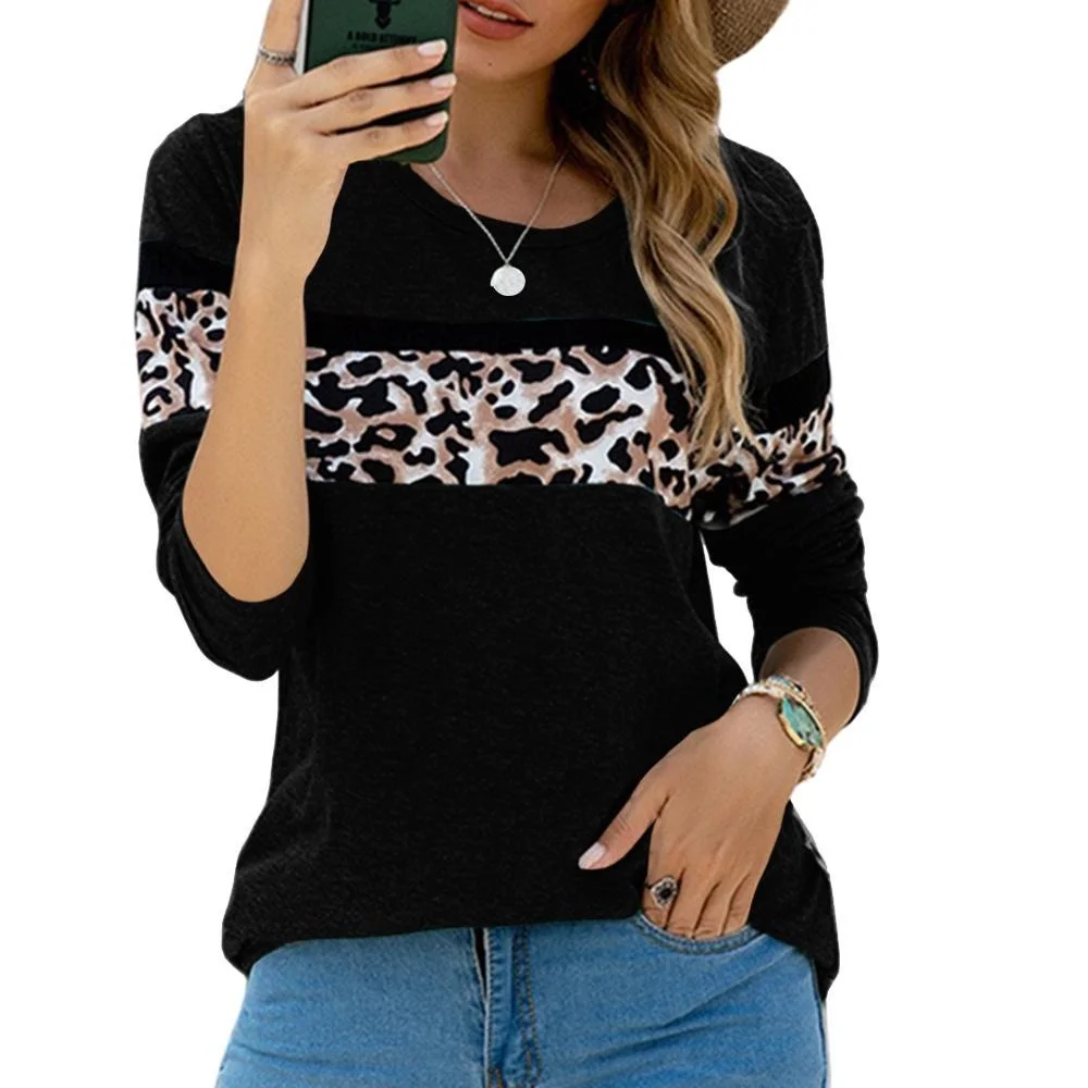 

Women Fashion T-Shirt S-3Xl Round Neck Patchwork Leopard Print Tops Casual Pullover Long Sleeve Loose Spring And Summer T-Shirt