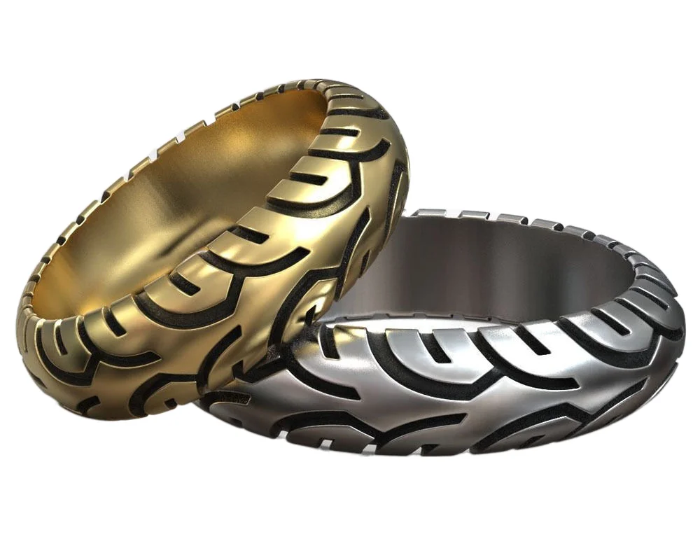 

5-9g Moto Tire Tread Wedding Gold Couple Ring 925 Solid Sterling Silver Rings