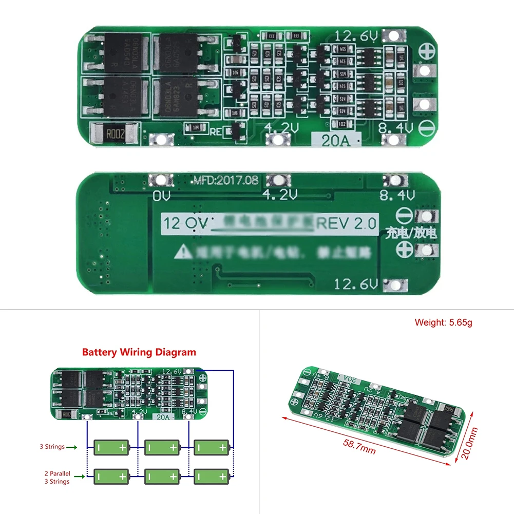 

3S 20A Li-ion Lithium Battery 18650 Charger PCB BMS Protection Board For Drill Motor 12.6V Lipo Cell Module 59x20x3.4mm