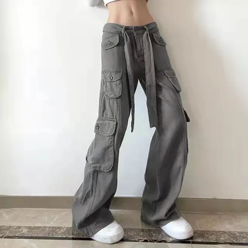 

High quality jeans Y2K street Slim Straight trousers high waist cargo pants for women multi pocket fashion casual denim trousers