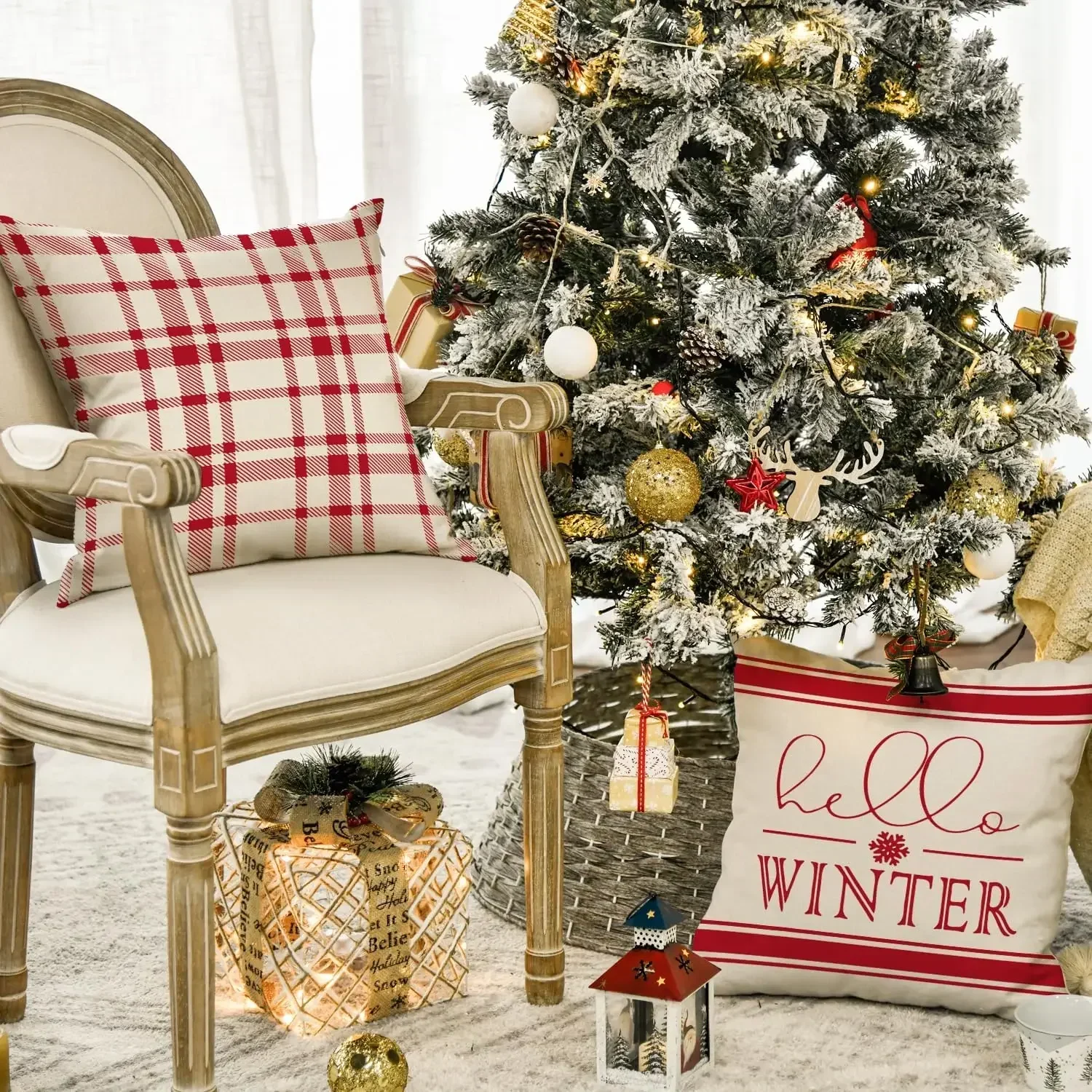 MerryChristmas Hello зимняя клетка буйвола Снежинка красная наволочка зимнее